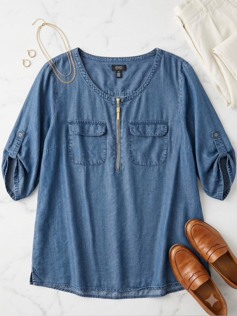 Jones New York Navy Zip Blouse
